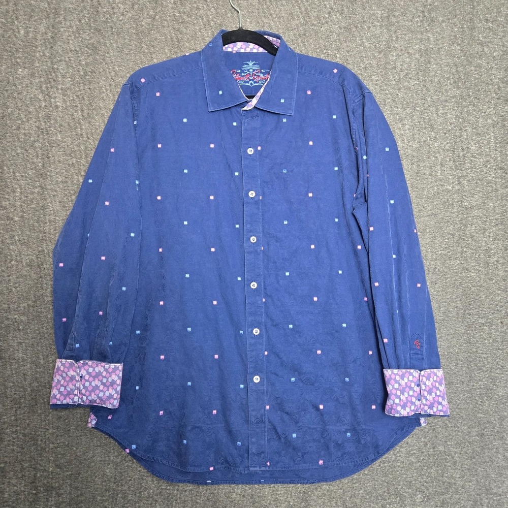 Robert Graham Shirt Adult XL Blue Purple Rectangles Flip Cuff‎ Classic Fit